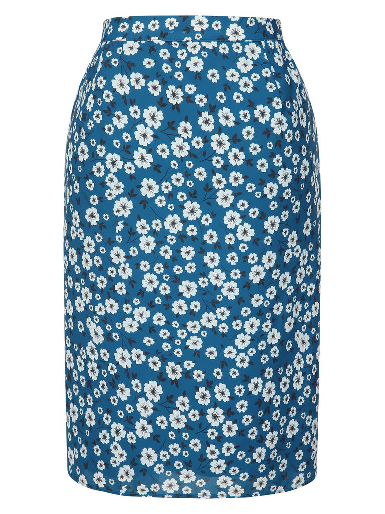 [Prévente] Jupe crayon bleue marguerites mousseline de soie années 1960