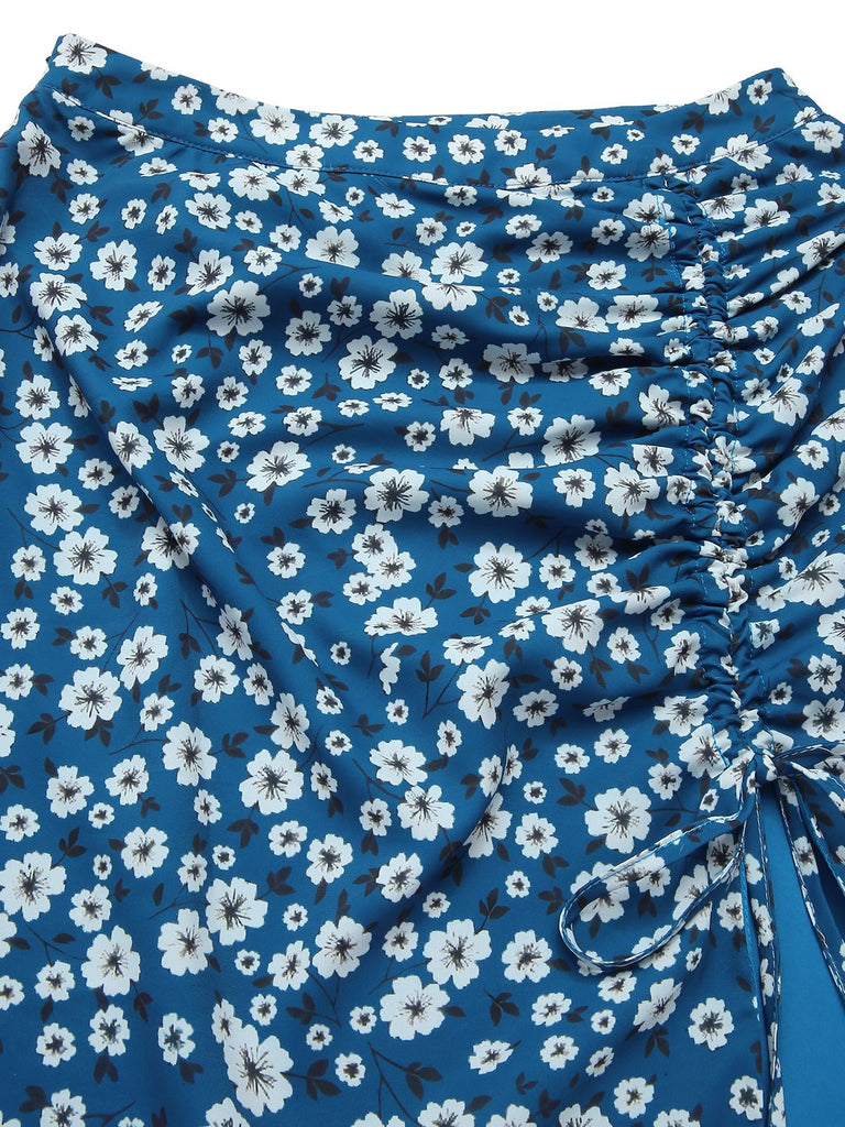 [Prévente] Jupe crayon bleue marguerites mousseline de soie années 1960