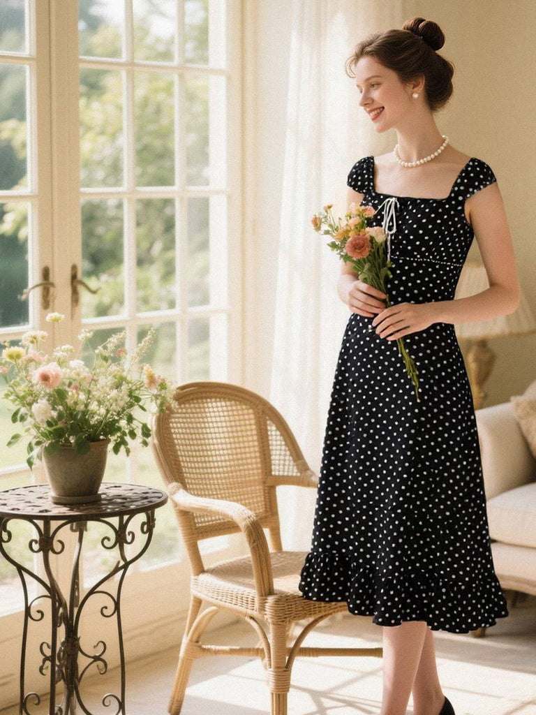 [Prévente] Robe à volants et col carré à pois noir années 1940