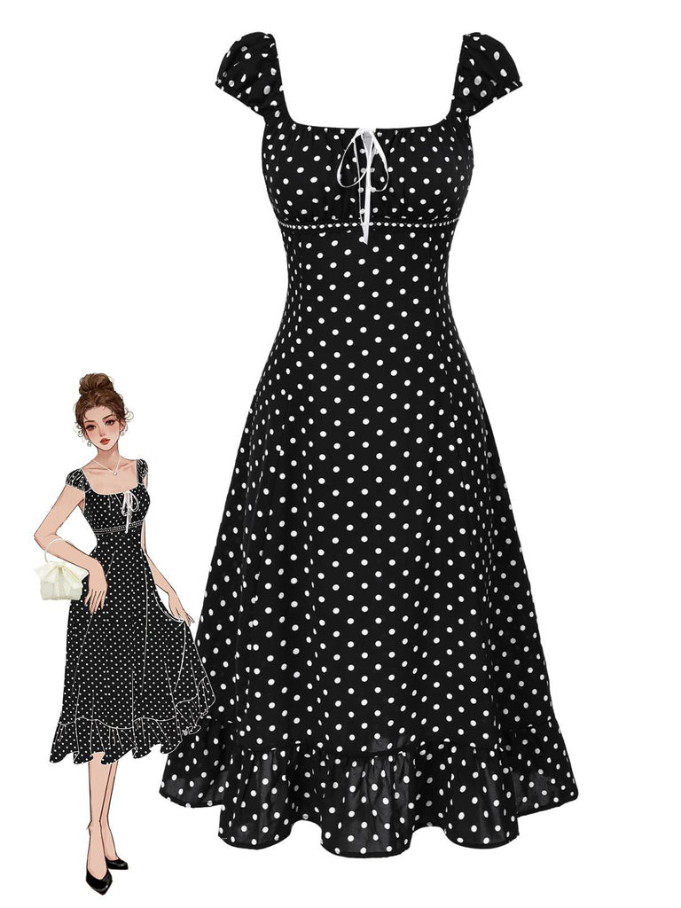 [Prévente] Robe à volants et col carré à pois noir années 1940