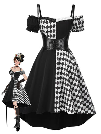 Robe noire à carreaux Halloween et corset années 1950