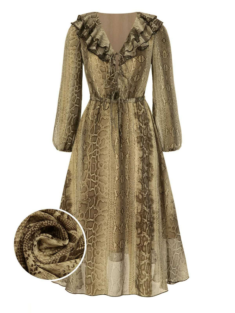[Prévente] Robe en mousseline à volants marron imprimé serpent des années 1980
