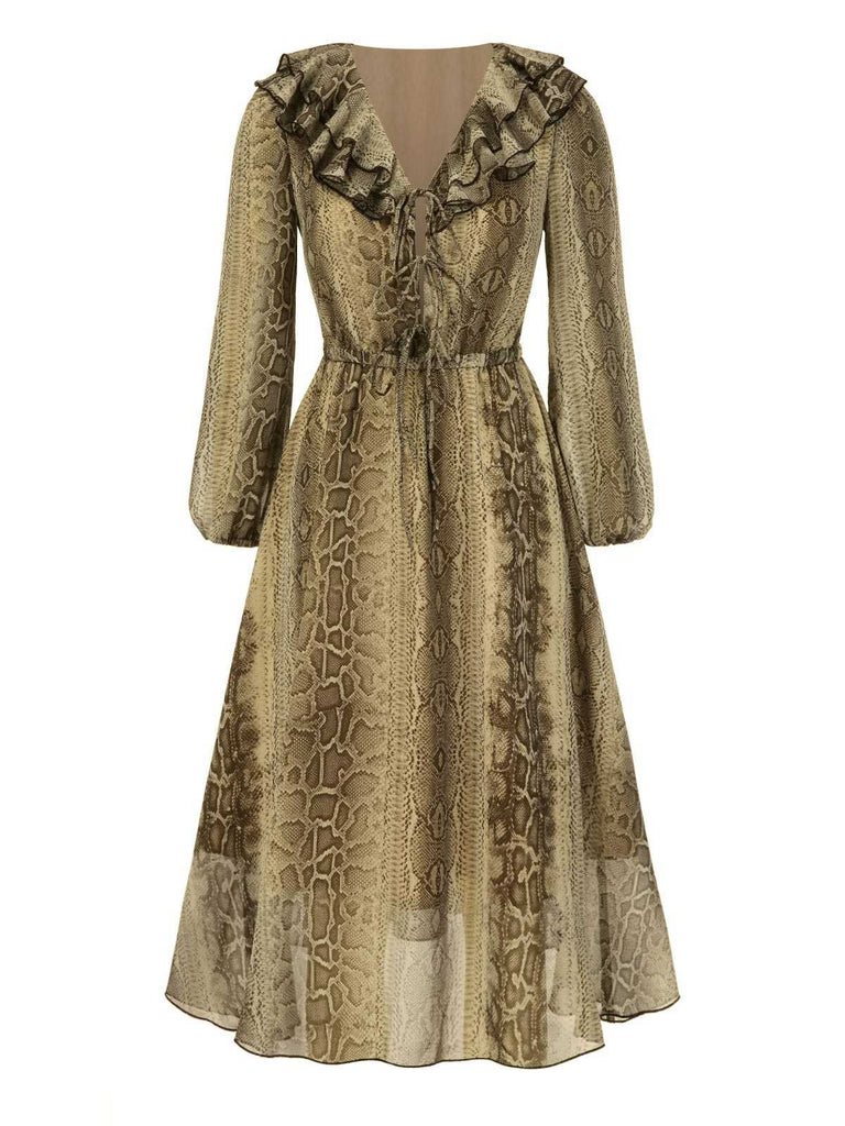 [Prévente] Robe en mousseline à volants marron imprimé serpent des années 1980