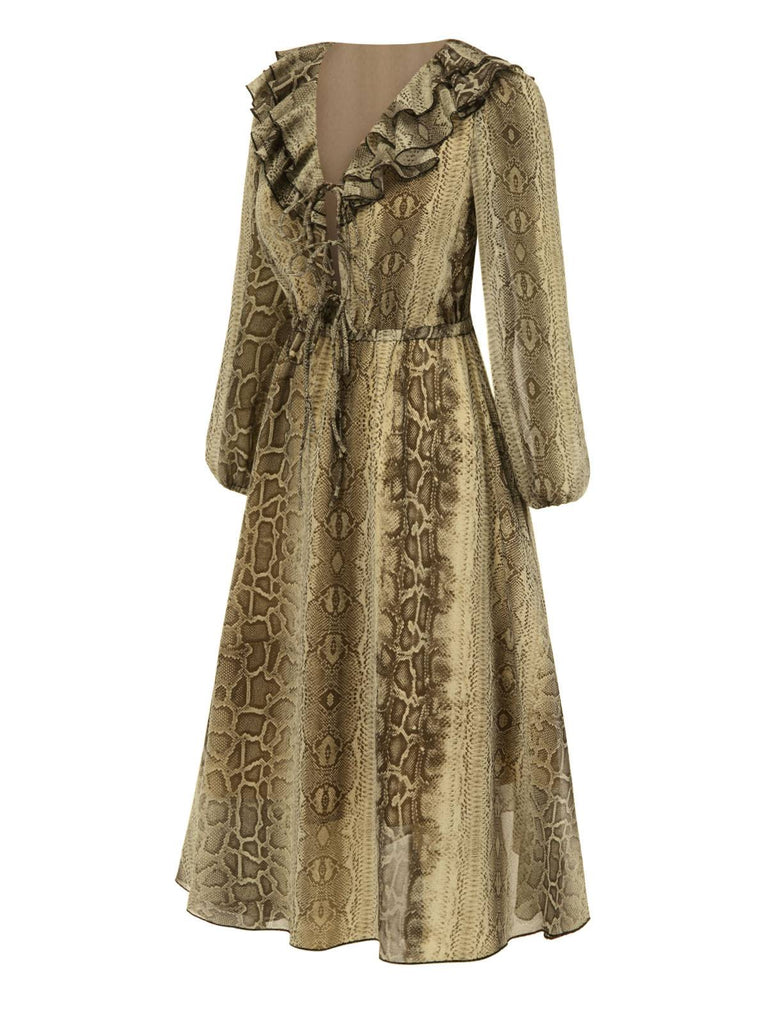 [Prévente] Robe en mousseline à volants marron imprimé serpent des années 1980