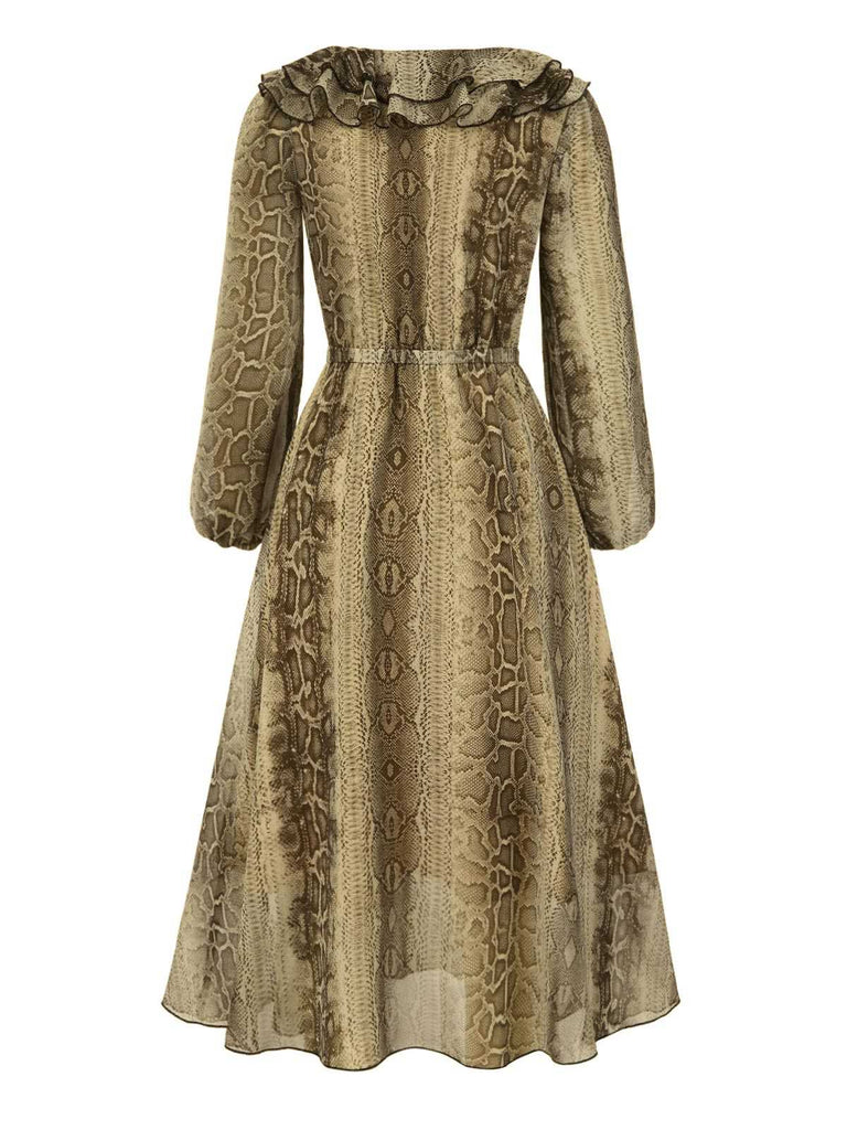 [Prévente] Robe en mousseline à volants marron imprimé serpent des années 1980
