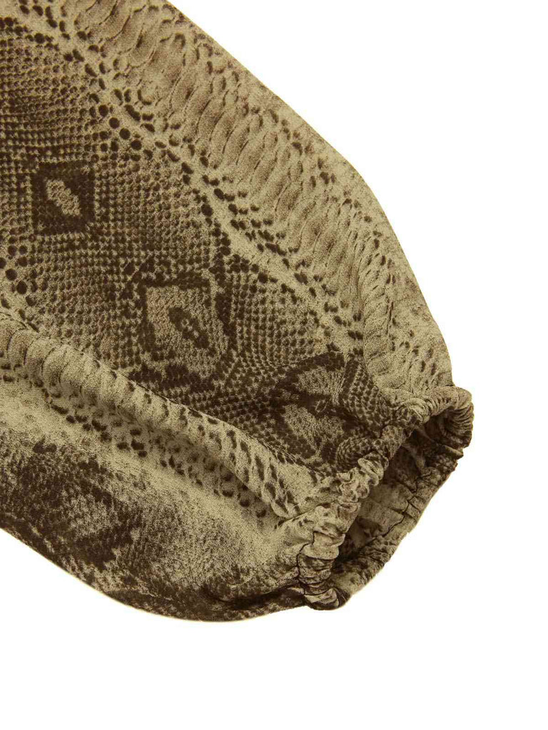 [Prévente] Robe en mousseline à volants marron imprimé serpent des années 1980