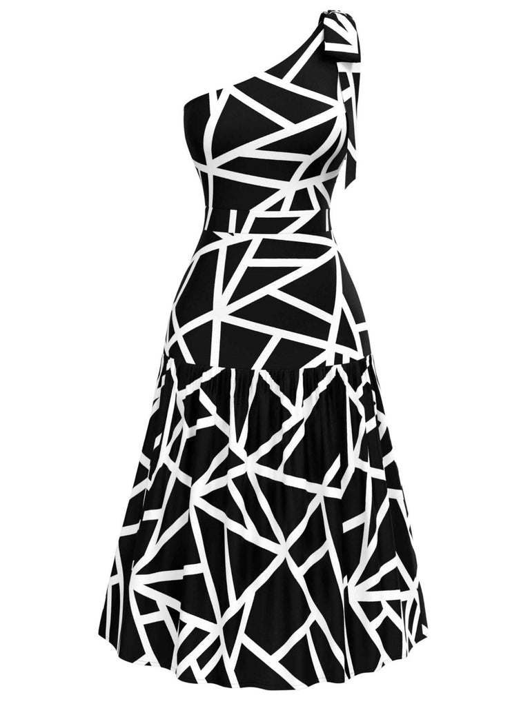 [Prévente] Robe col asymétrique noire et blanche à nœud géométrique années 1940