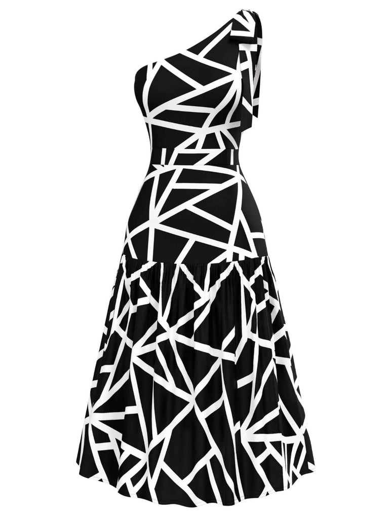[Prévente] Robe col asymétrique noire et blanche à nœud géométrique années 1940