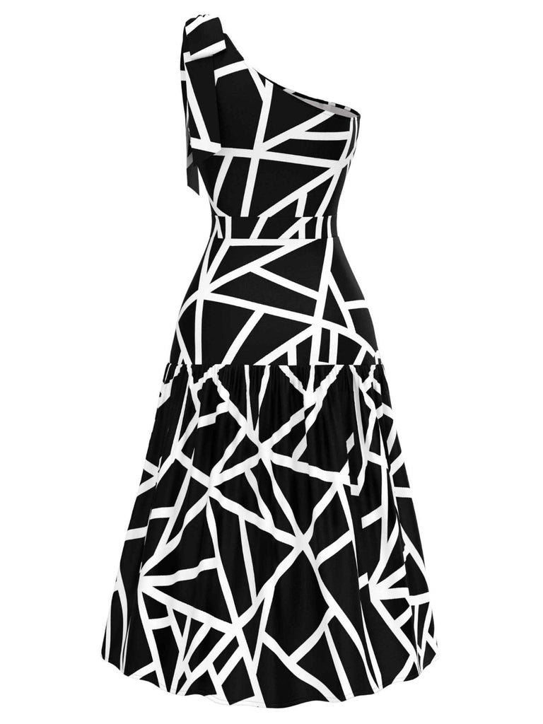 [Prévente] Robe col asymétrique noire et blanche à nœud géométrique années 1940