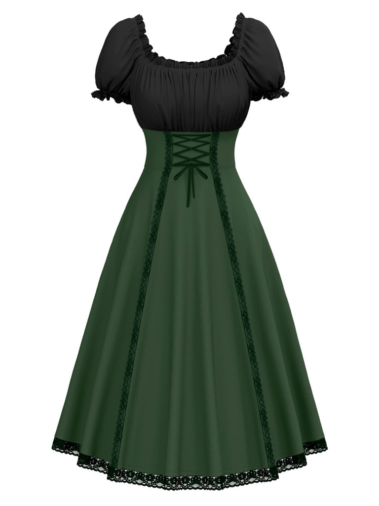 Robe verte à lacets colorblock des années 1940