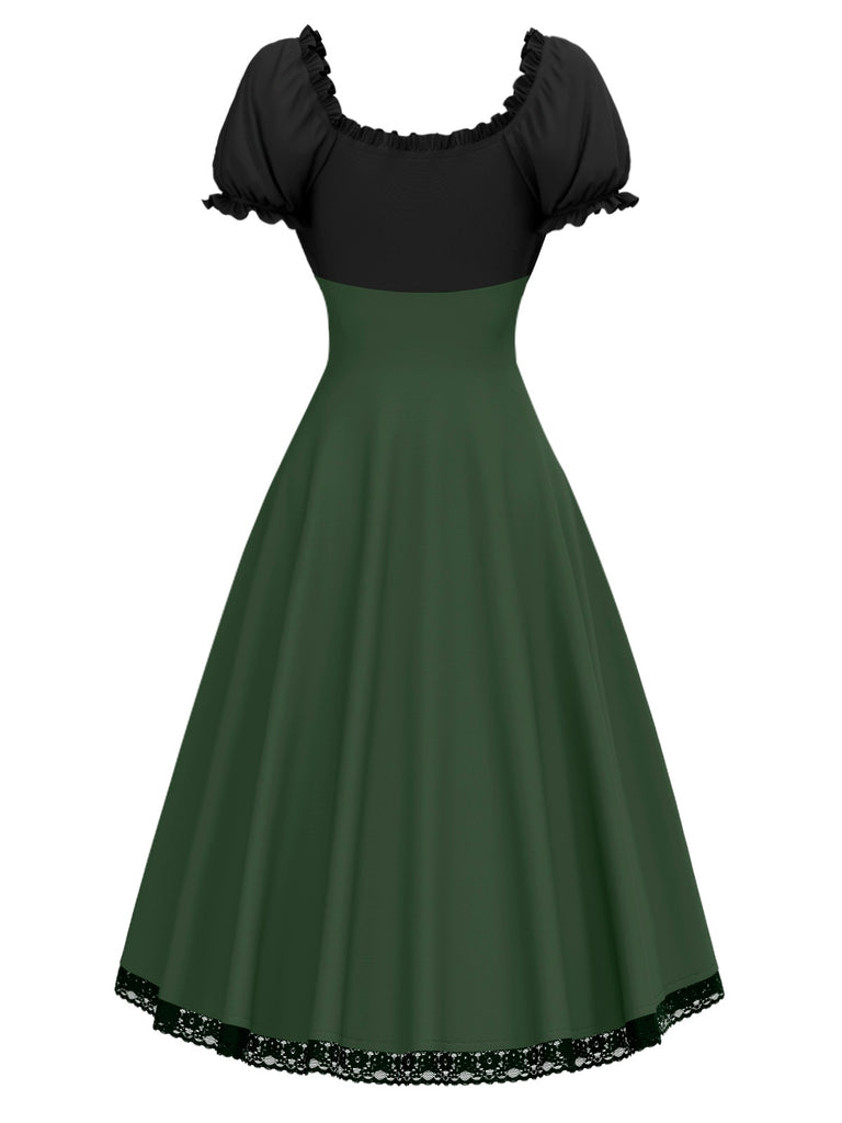 Robe verte à lacets colorblock des années 1940