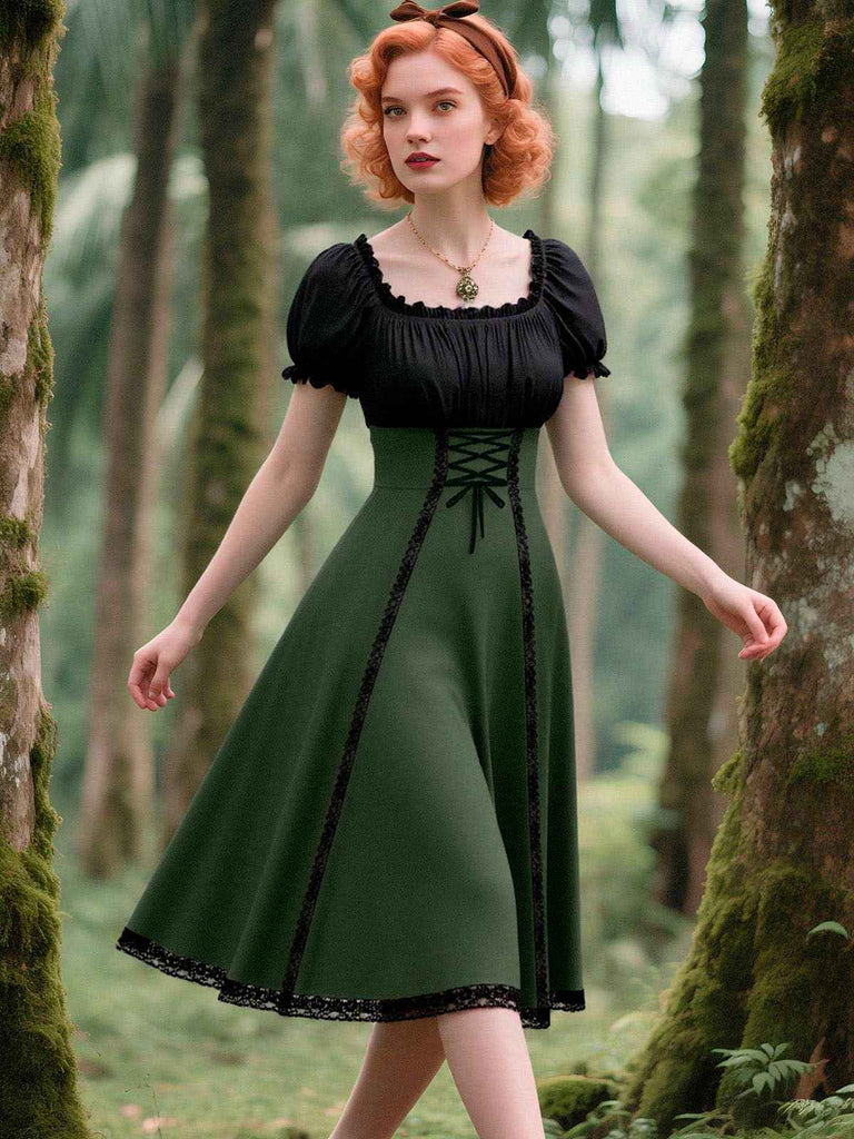 Robe verte à lacets colorblock des années 1940