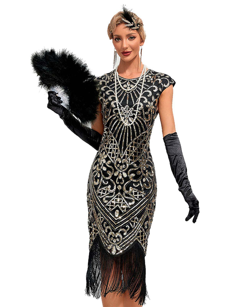 Robe à franges pailletées et col rond années 1920