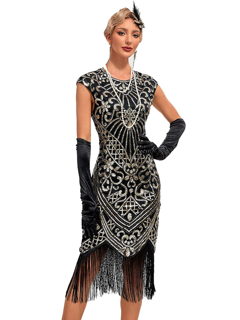 Robe à franges pailletées et col rond années 1920