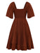 Robe marron broderies fleur à volant sannées 1950