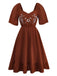 Robe marron broderies fleur à volant sannées 1950