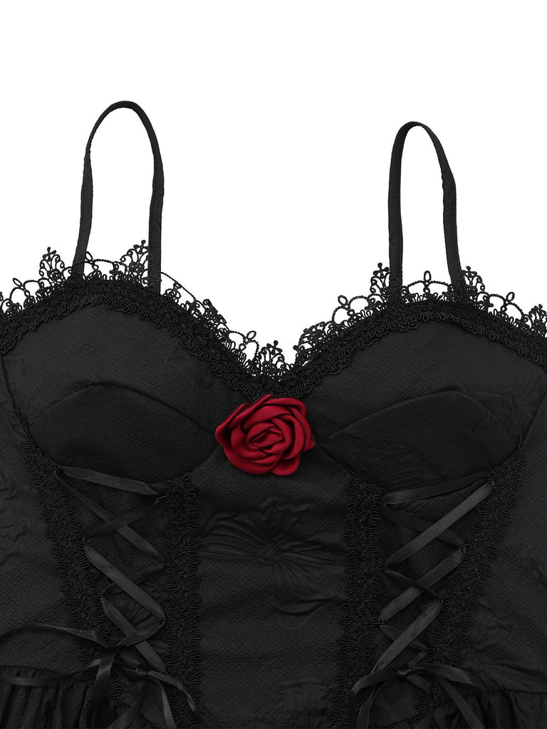 Robe noire gothique à roses 3D en jacquard années 1960