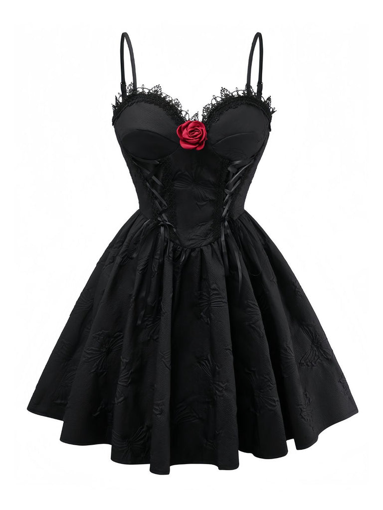Robe noire gothique à roses 3D en jacquard années 1960