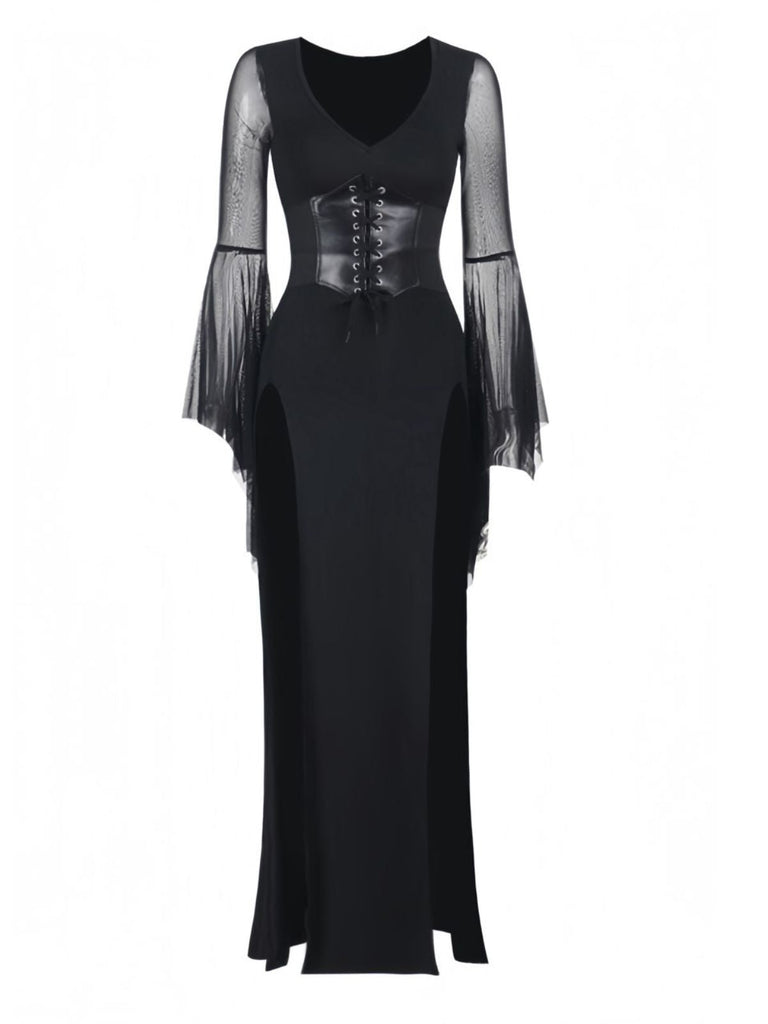 Robe noire gothique corset à manches transparentes années 1980