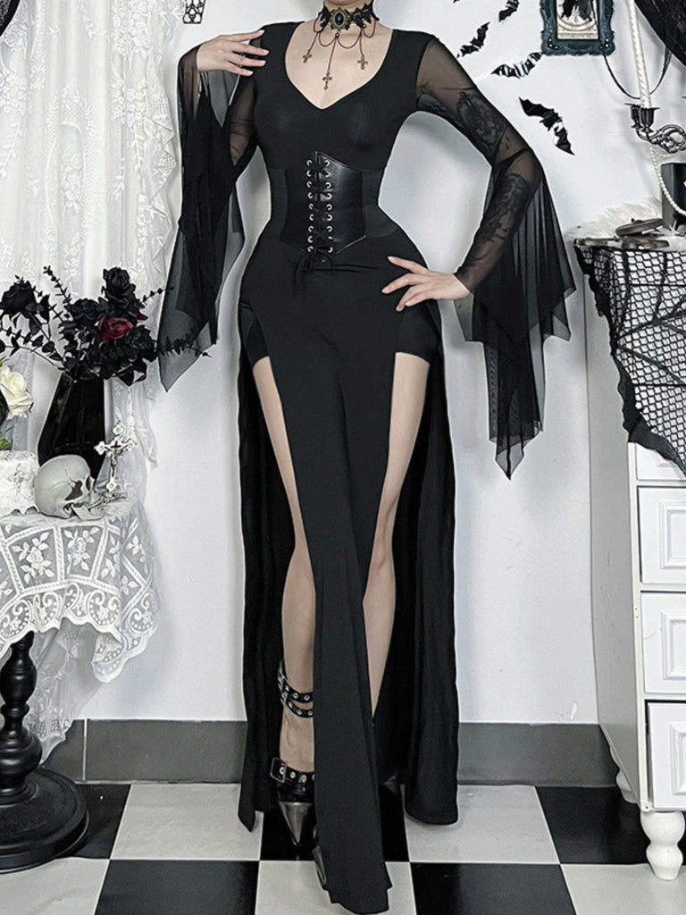 Robe noire gothique corset à manches transparentes années 1980