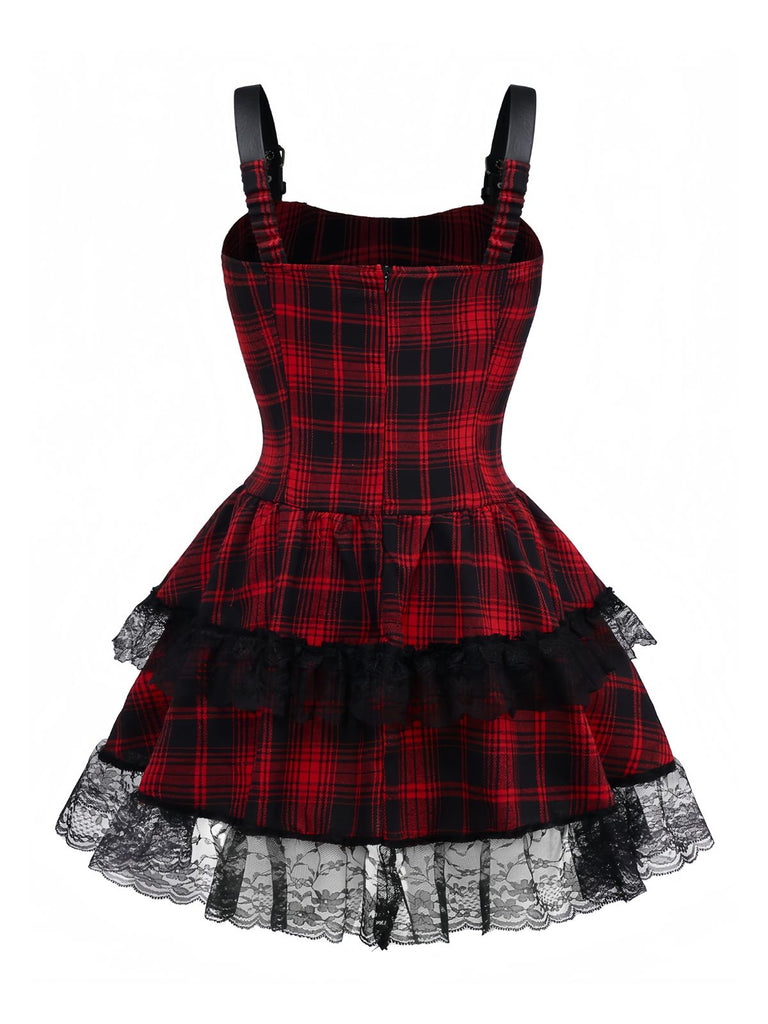 Robe rouge à carreaux en dentelle gothique des années 1980