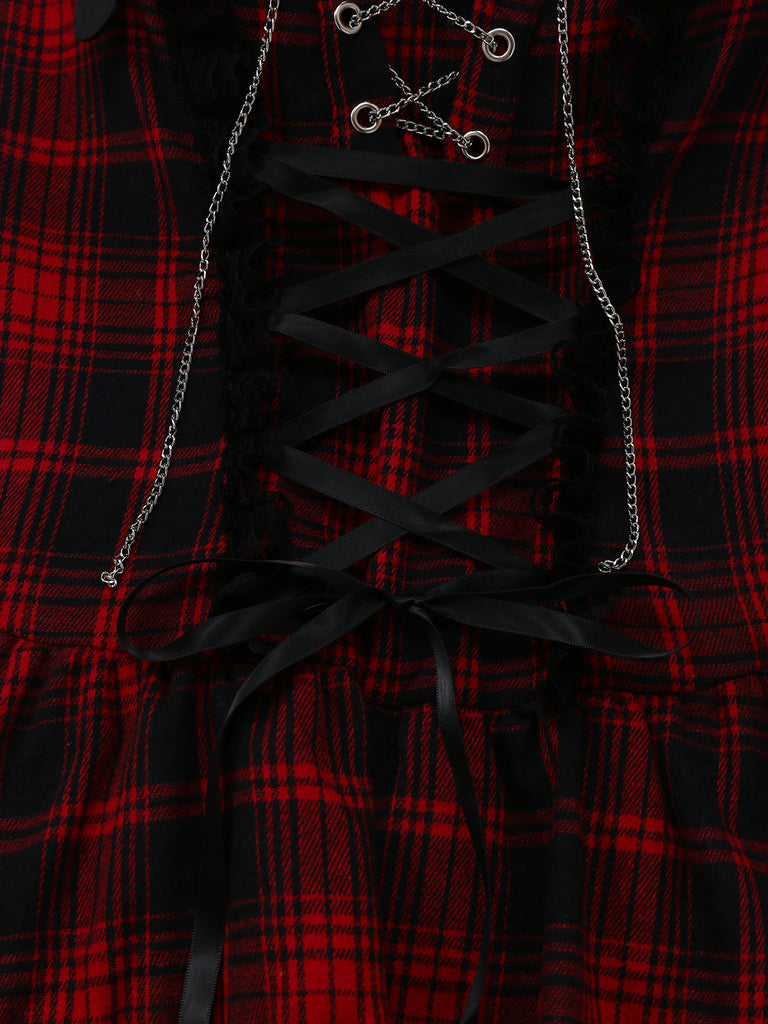 Robe rouge à carreaux en dentelle gothique des années 1980