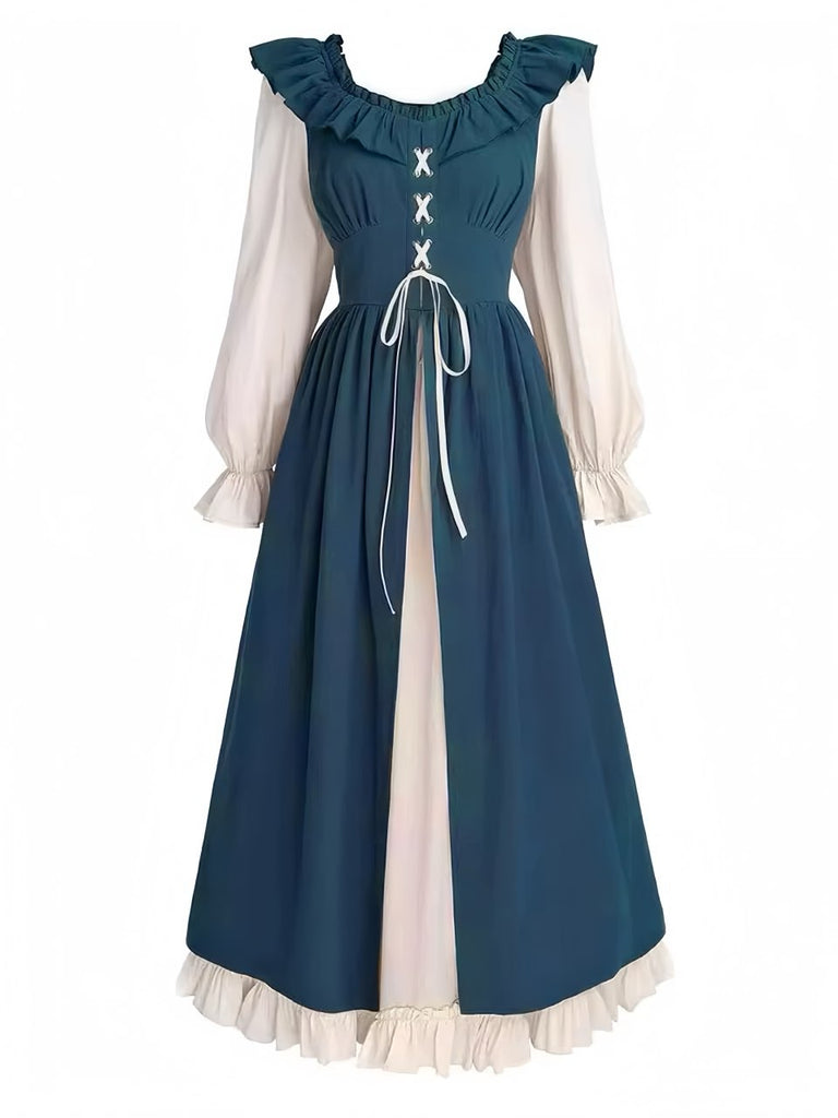 Robe Renaissance à lacets et volants colorblock des années 1930