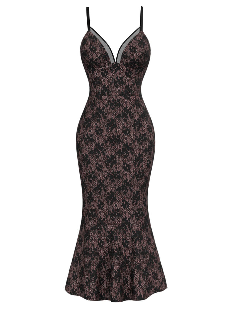 [Prévente] Robe sirène en dentelle florale floquée noire des années 1930