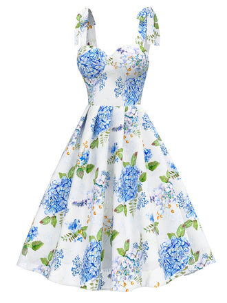 Robe bleue en organza fleur à lacets années 1950