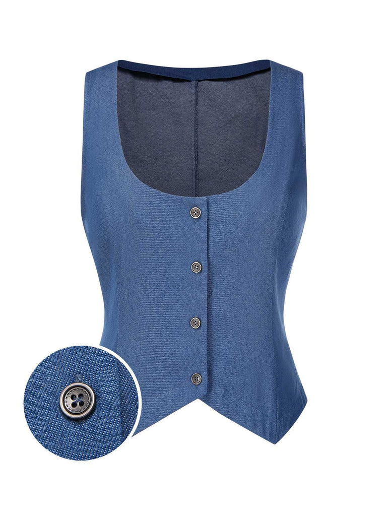 [Prévente] Gilet boutonné col en U en denim bleu uni des années 1970