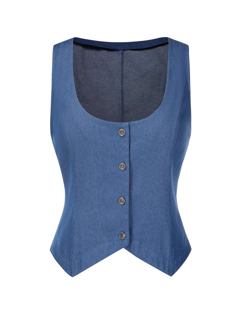 [Prévente] Gilet boutonné col en U en denim bleu uni des années 1970
