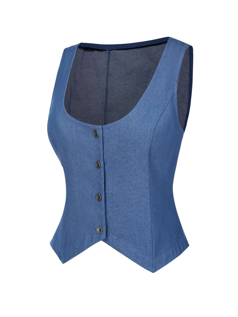 [Prévente] Gilet boutonné col en U en denim bleu uni des années 1970