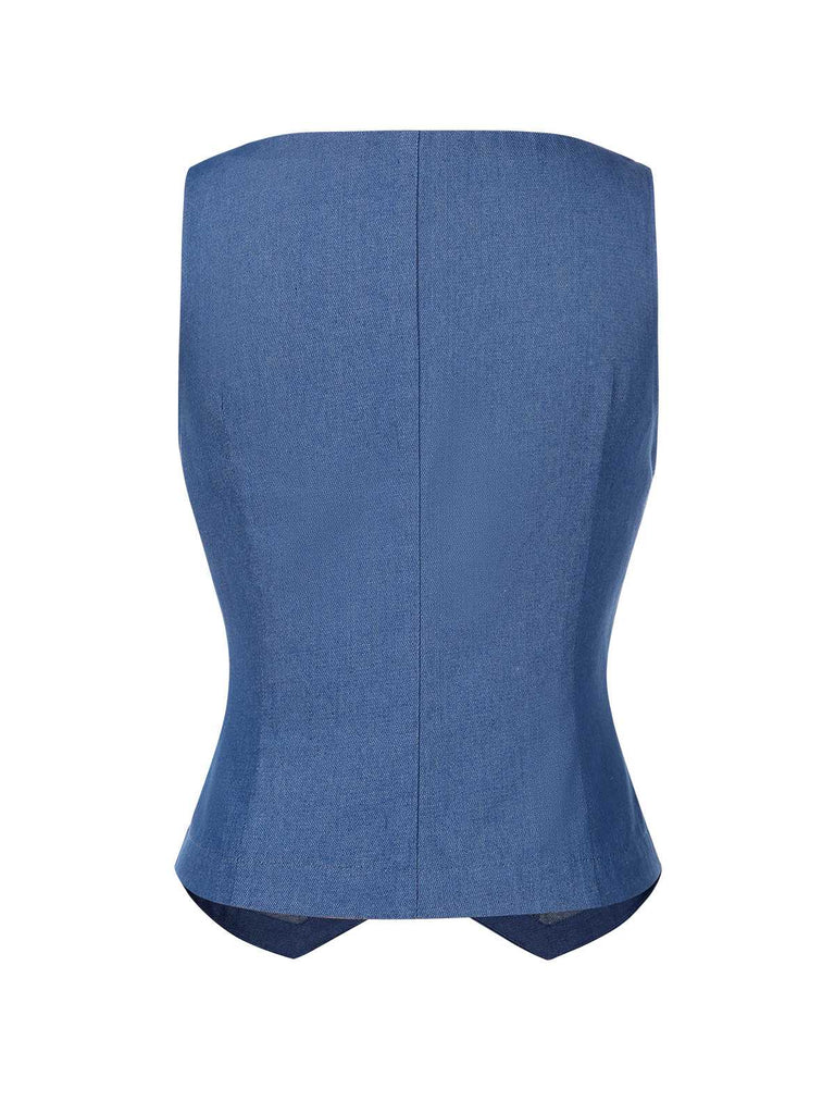 [Prévente] Gilet boutonné col en U en denim bleu uni des années 1970