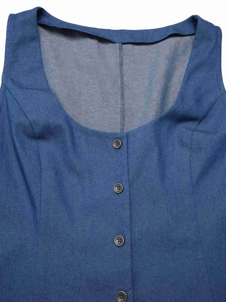 [Prévente] Gilet boutonné col en U en denim bleu uni des années 1970