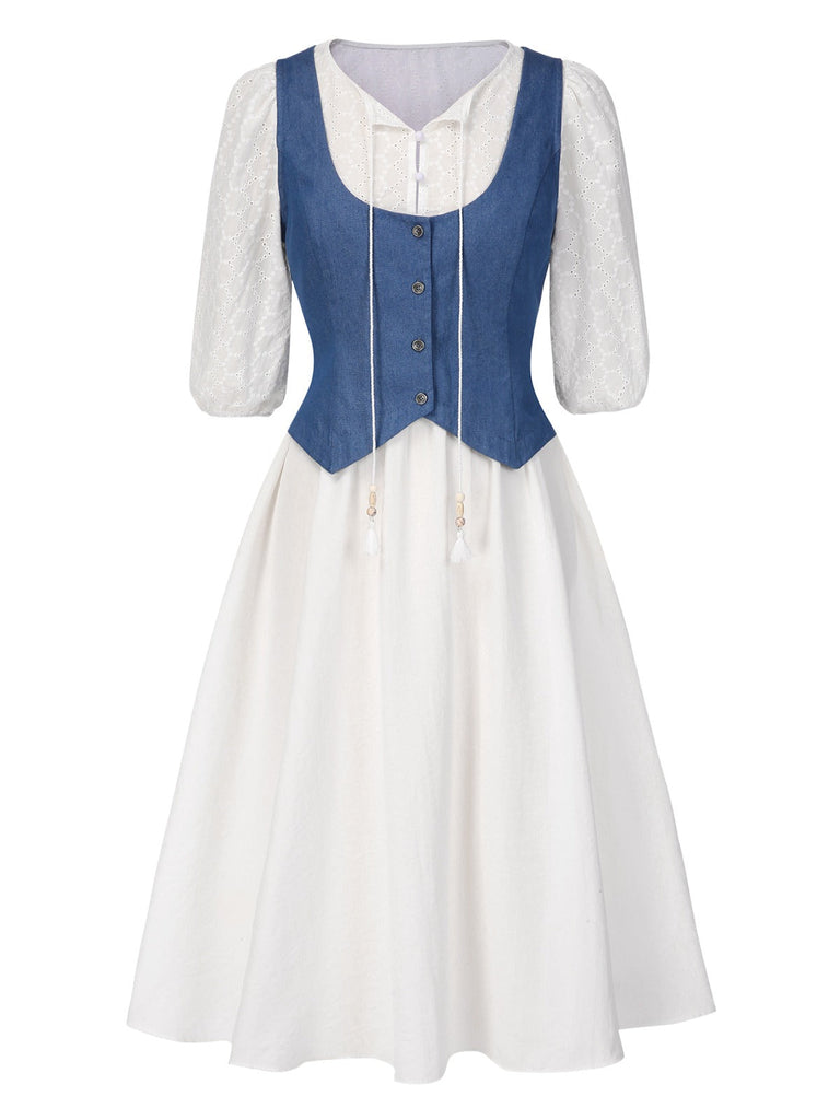 [Prévente] 2PCS gilet en jean uni et robe bouffante brodée des années 1970