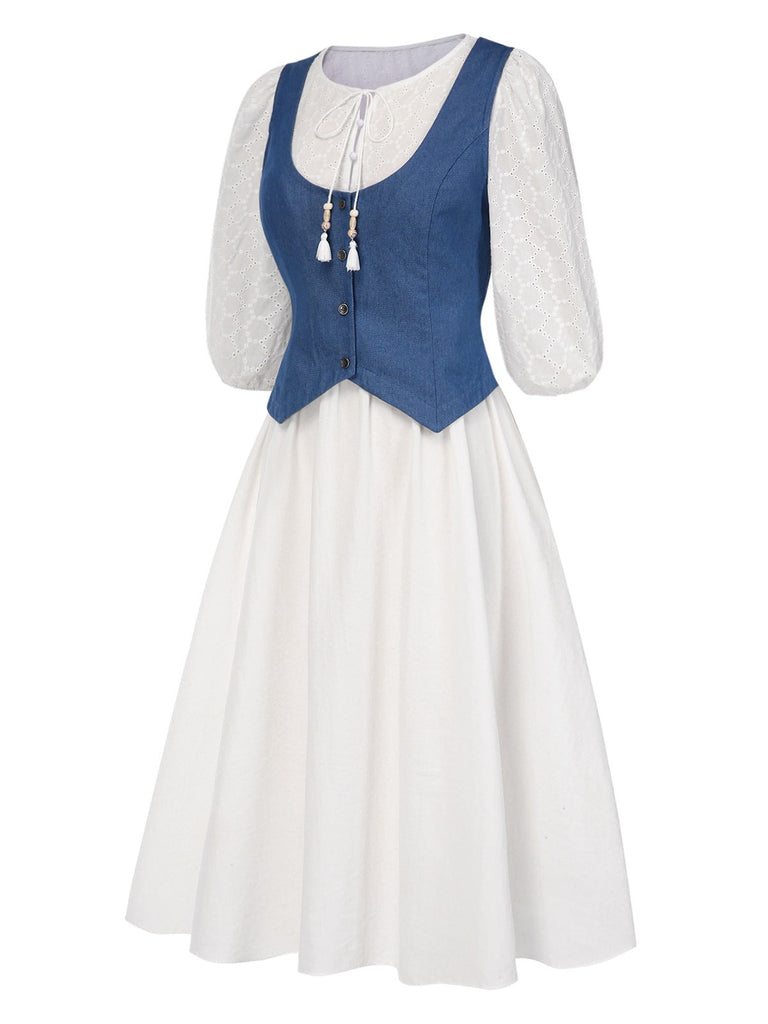 [Prévente] 2PCS gilet en jean uni et robe bouffante brodée des années 1970