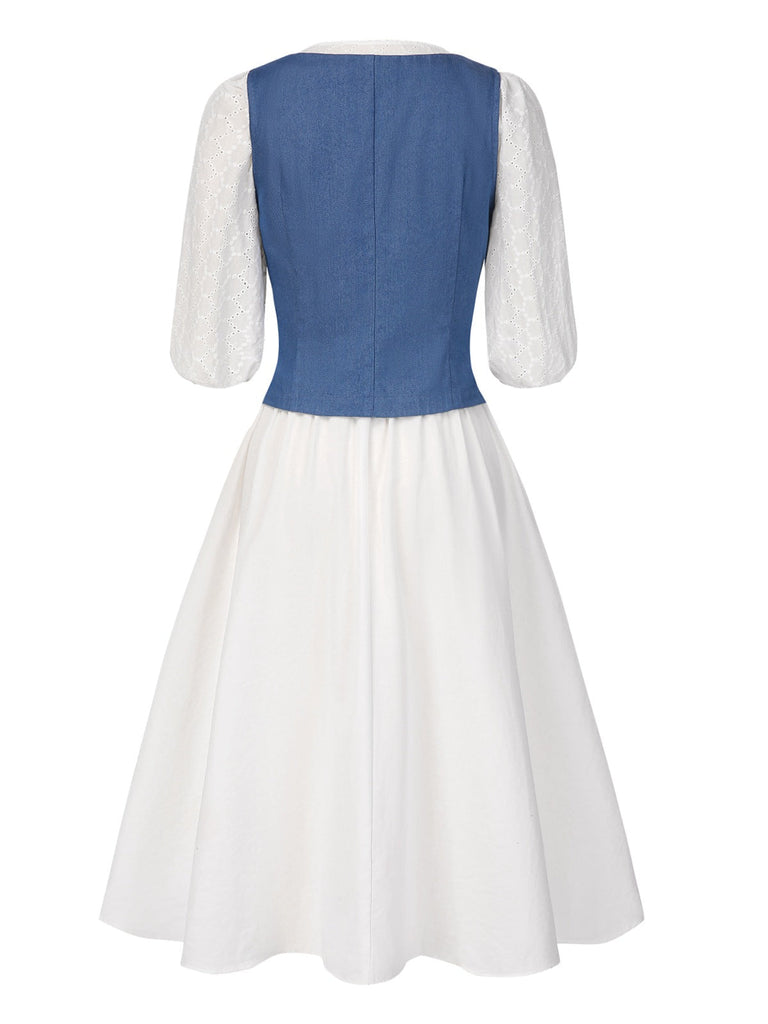 [Prévente] 2PCS gilet en jean uni et robe bouffante brodée des années 1970