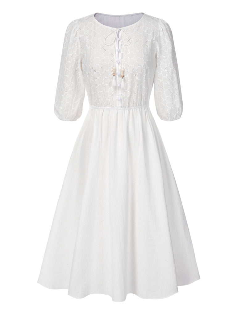 [Prévente] Robe manches bouffantes boutonnée et broderies blanche uni années 1970