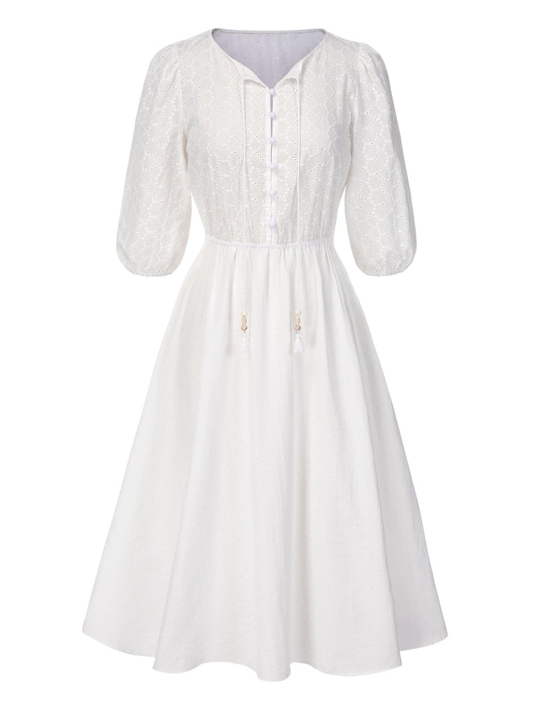 [Prévente] Robe manches bouffantes boutonnée et broderies blanche uni années 1970