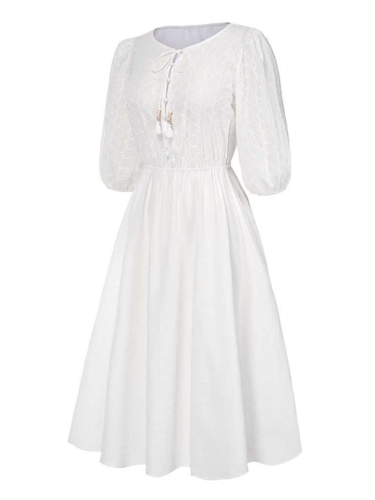 [Prévente] Robe manches bouffantes boutonnée et broderies blanche uni années 1970