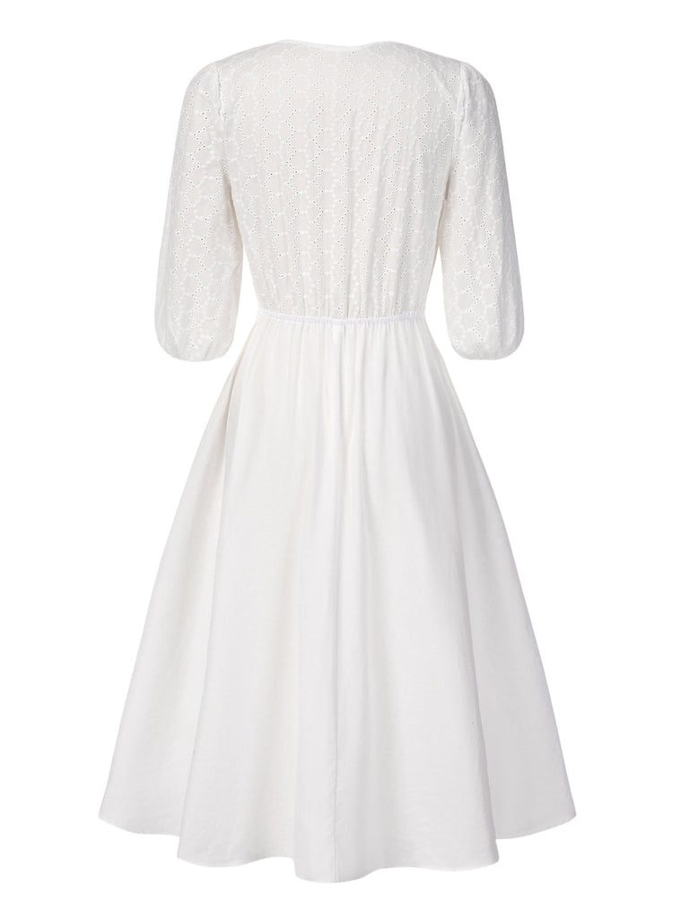 [Prévente] Robe manches bouffantes boutonnée et broderies blanche uni années 1970