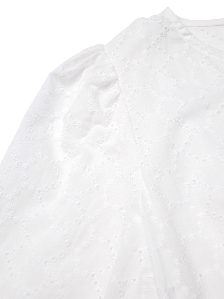 [Prévente] Robe manches bouffantes boutonnée et broderies blanche uni années 1970