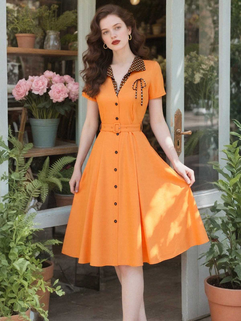 [Prévente] Robe orange à pois en coton et revers années 1940