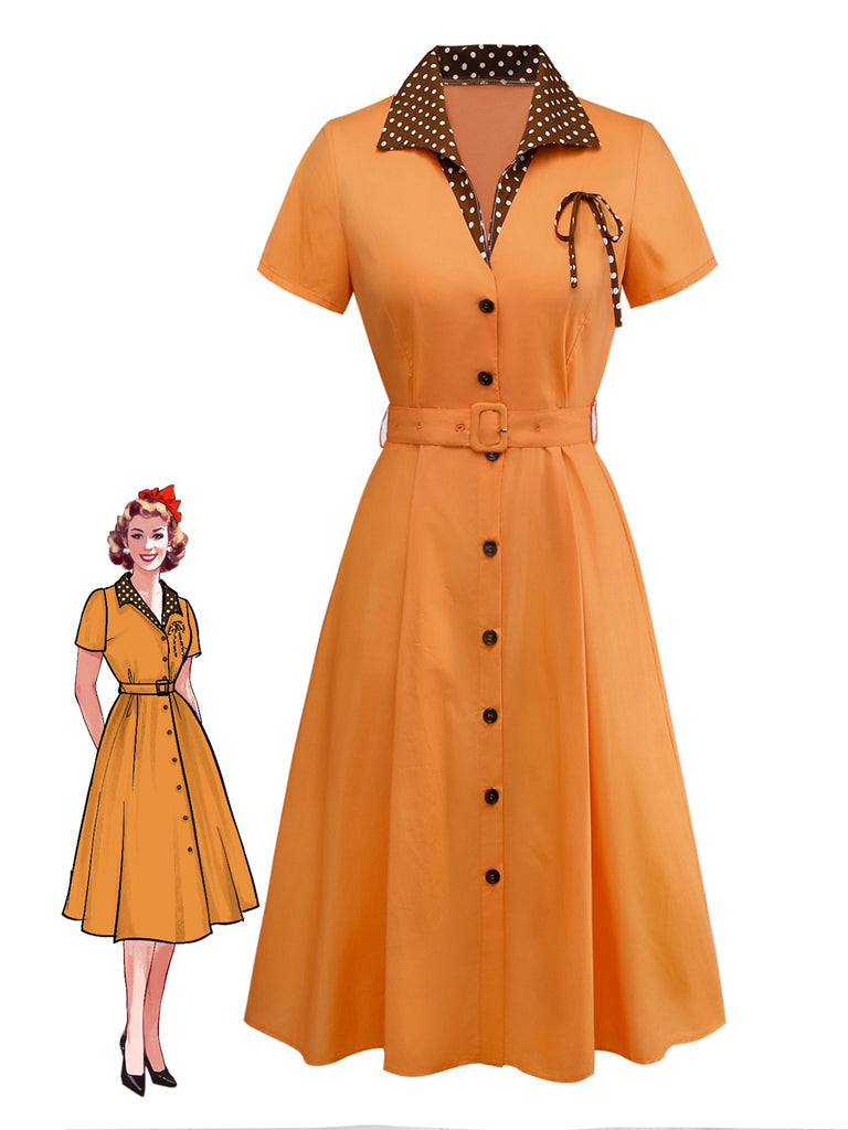 [Prévente] Robe orange à pois en coton et revers années 1940