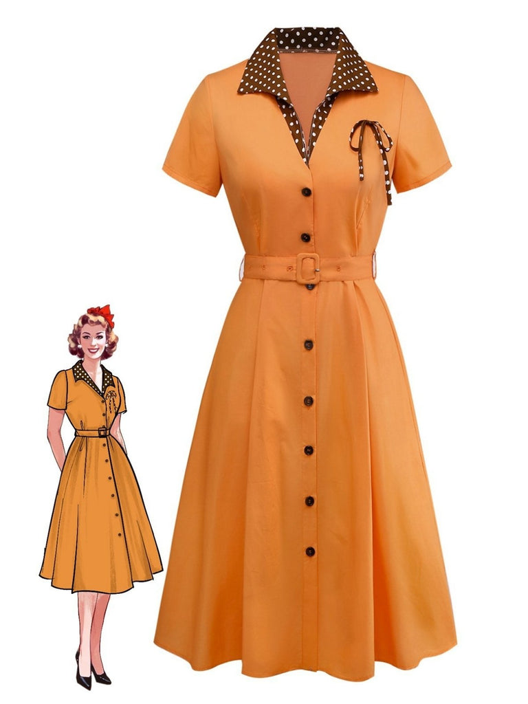 Robe orange à pois en coton et revers années 1940