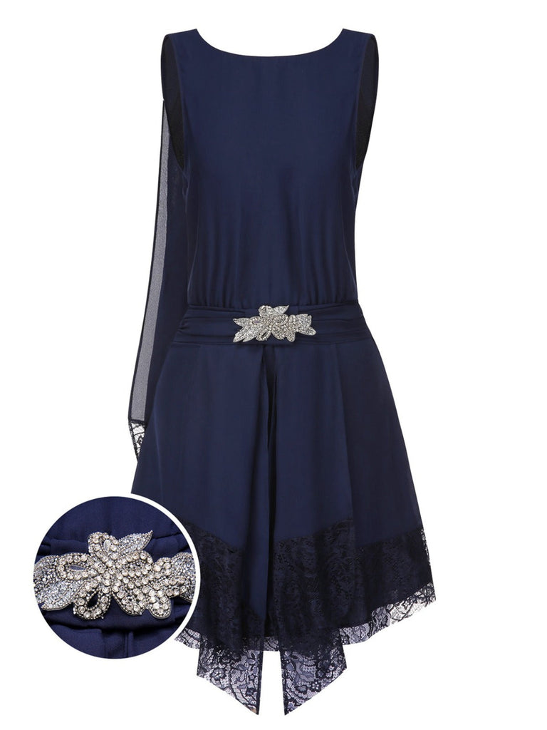 [Prévente] Robe bleue en dentelle patchwork et strass années 1920
