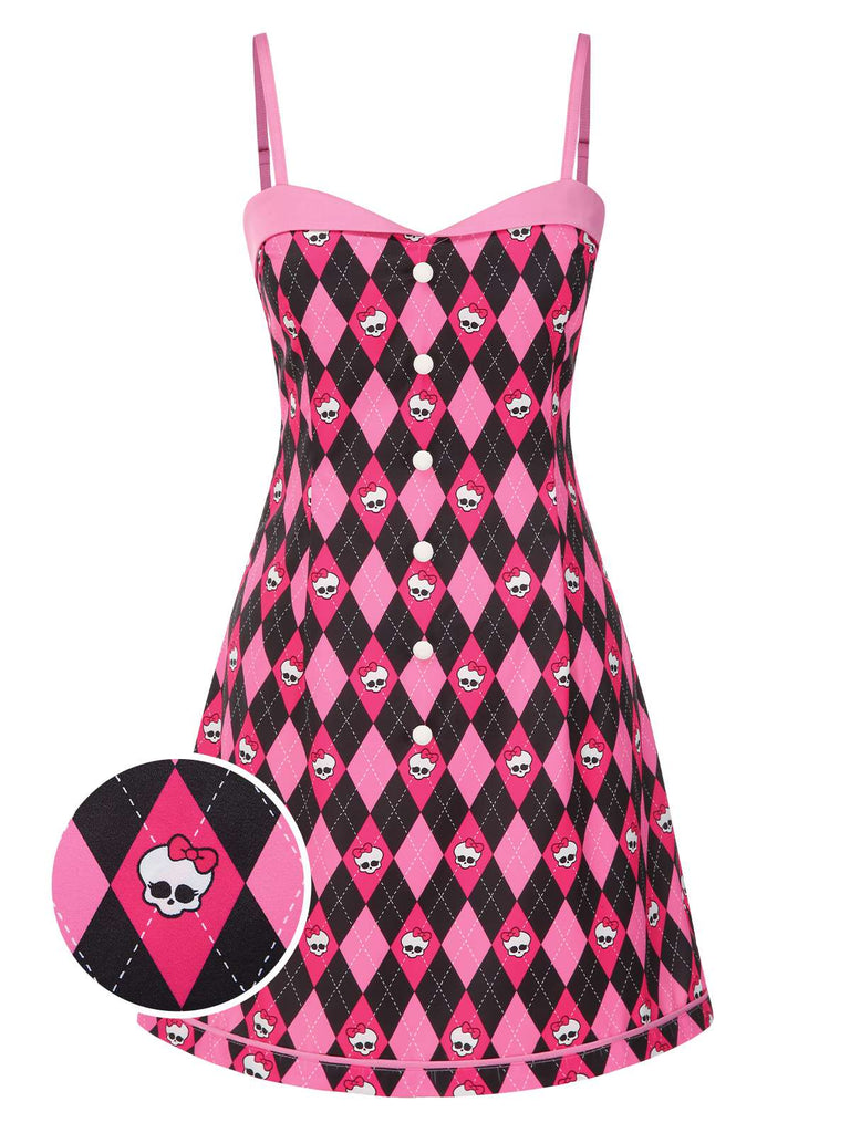 [Prévente] Robe à bretelles motif argyle nœud et crâne noire et rose des années 1960