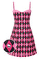 [Prévente] Robe à bretelles motif argyle nœud et crâne noire et rose des années 1960