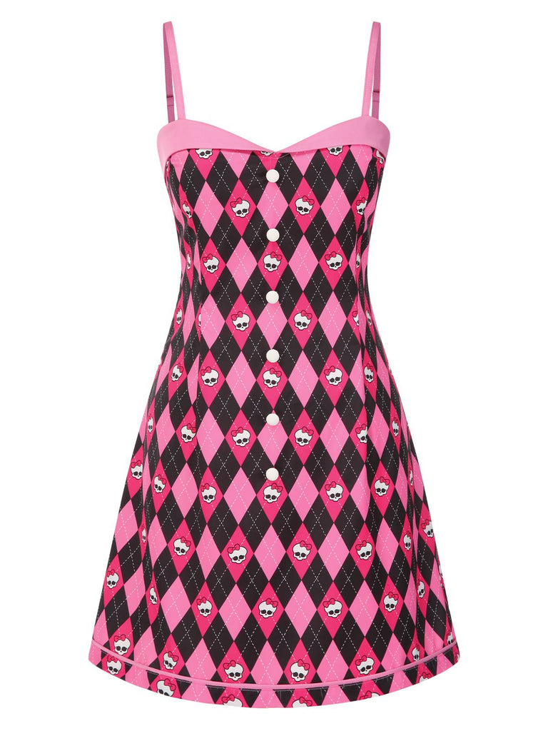 [Prévente] Robe à bretelles motif argyle nœud et crâne noire et rose des années 1960