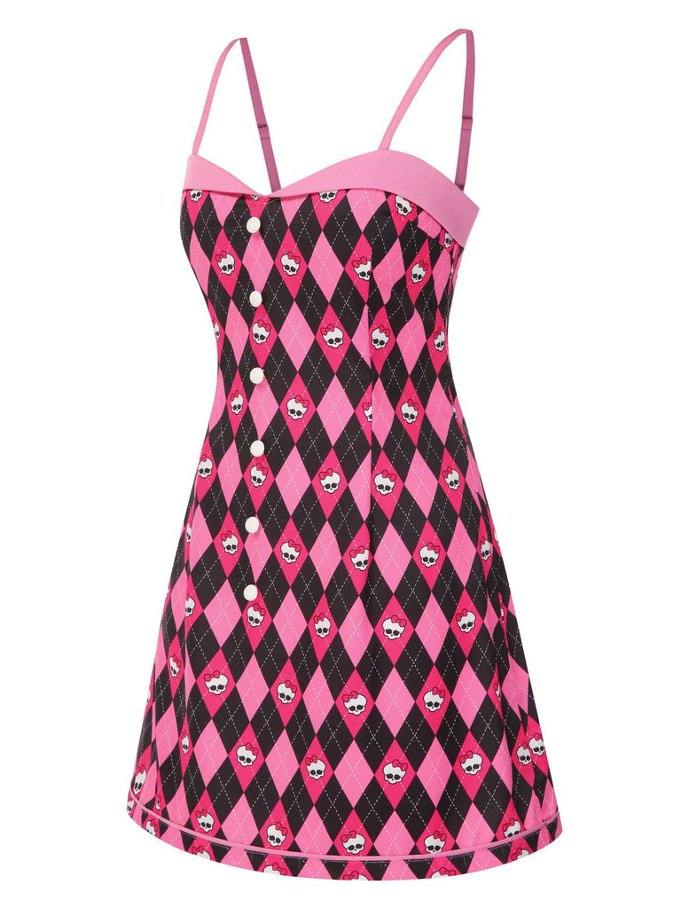[Prévente] Robe à bretelles motif argyle nœud et crâne noire et rose des années 1960